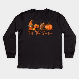 Tis The Season Pumpkin Leaf Latte Fall Thanksgiving Football Kids Long Sleeve T-Shirt